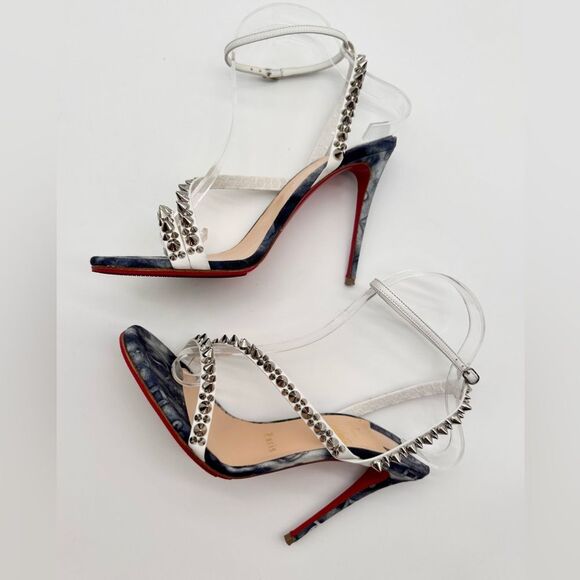 Christian Louboutin Mafaldina Spikes Denim & Leather 100 Heels Sandals EU 37 US7 - Picture 4 of 12
